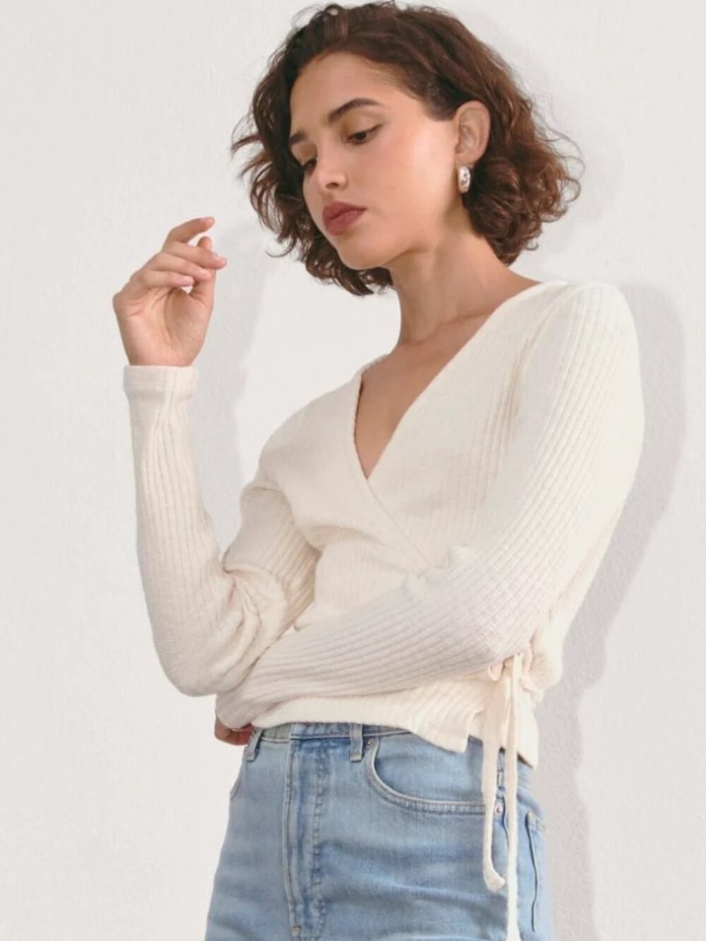 Everlane Cozy Ribbed Wrap Top - Bone (Cream) - M